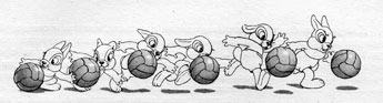 Последовательные рисунки зайца, играющего в футбол из фильма 'Тихая волна'