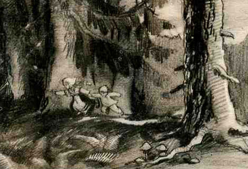 Компоновочный рисунок Маши и Вани, бегущих от злых гусей-лебедей