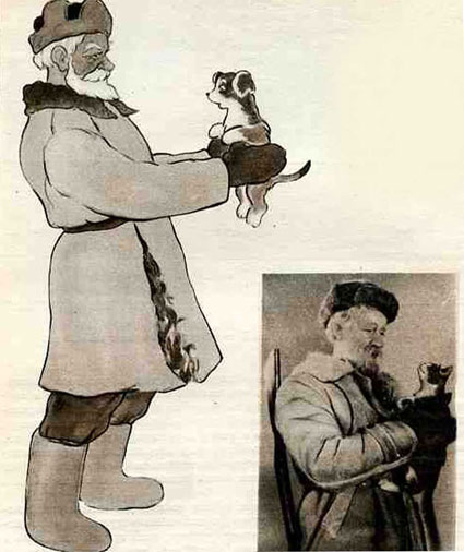 Актер Л.Пирогов загримированный для роли лесника из фильма "Крепыш"(справа) и рисованный персонаж из этого же фильма